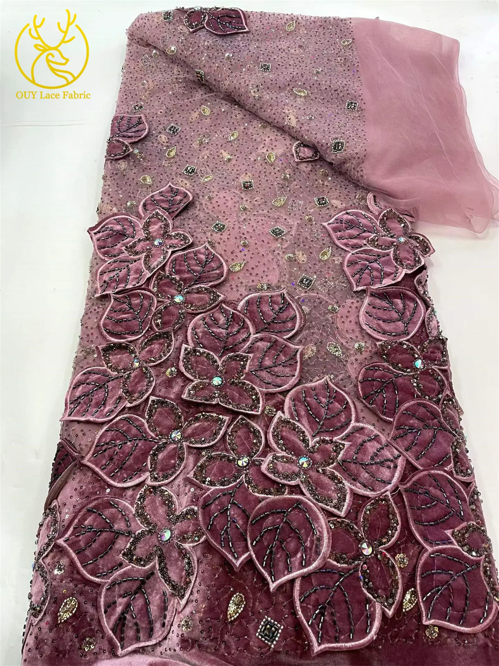 Weinroter Luxus Afrikanischer Samt DIY Handgemachte Stickerei Blatt-Pailletten Spitzenstoff 2026 Französischer Bräutigam Perlen-Spitzenstoff Kleid – Detail 10