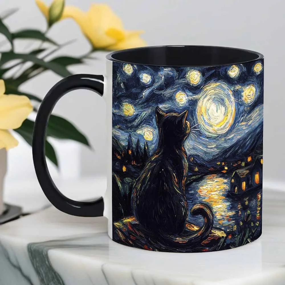 Van Gogh Starry Night Ceramic Mug 1pc Black Cat Rim Pattern Office Gift Couple Present