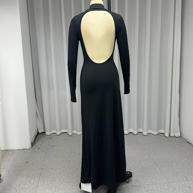 Ellafads Autumn Winter Elegant Maxi Dress Women Solid Long Sleeve Round Neck Nipped Waist Slim Backless Black Party Dresses