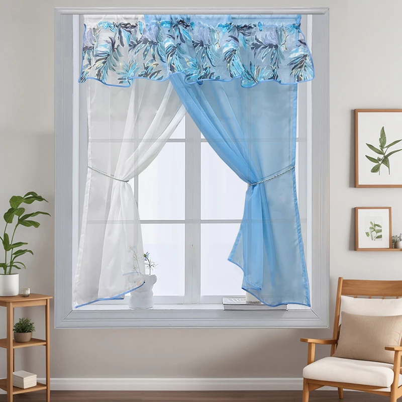 

1PC Blue Leaves Three Layers Staggered Curtain for Living Room Sheer Window Drape Kitchen Hallway Study Hotel #E