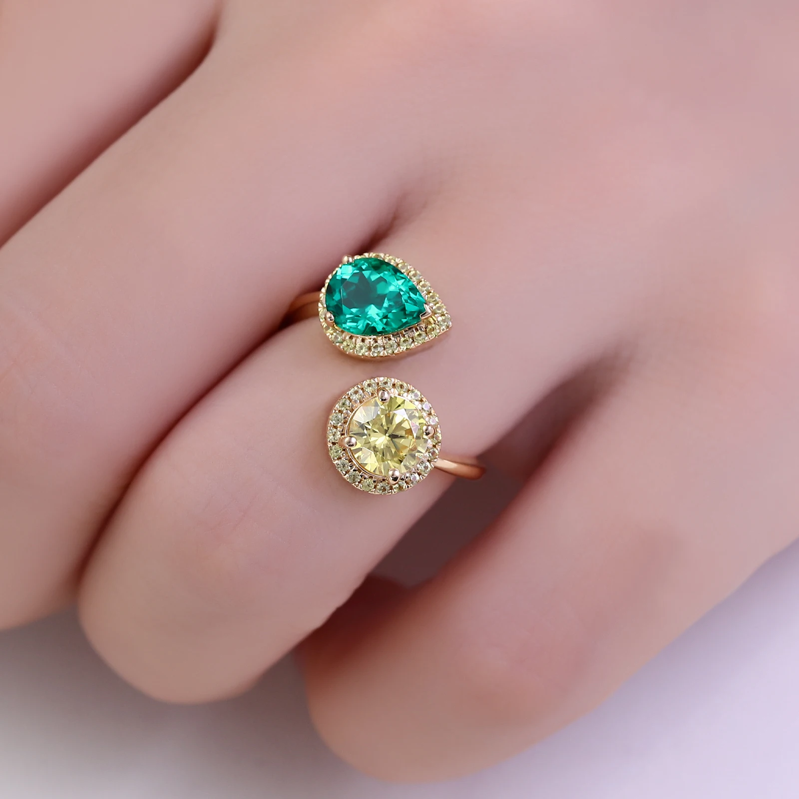 خواتم بروفانس toi et moi بلونين من الأحجار الكريمة للمختبر 10K خاتم هالة ذهبي صلب مفتوح الأطراف خاتم زفاف فاخر للنساء مخصص #3