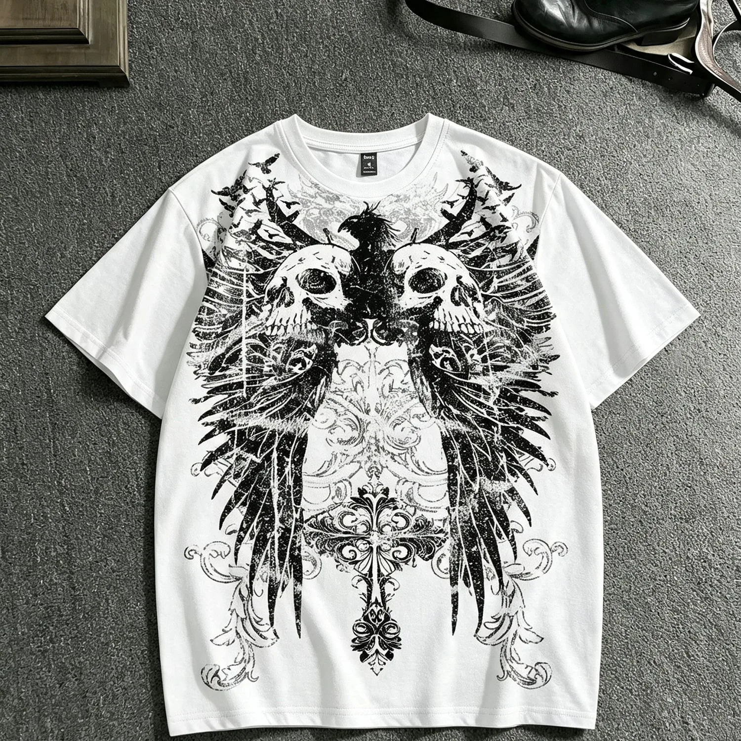 Gothic Punk Vintage Faded White T Shirt Double Skulls Eagle Wings Ornate Cross Grunge Print Loose Fit Cotton Crew Neck Casual Dark Aesthetic Streetwear Top.