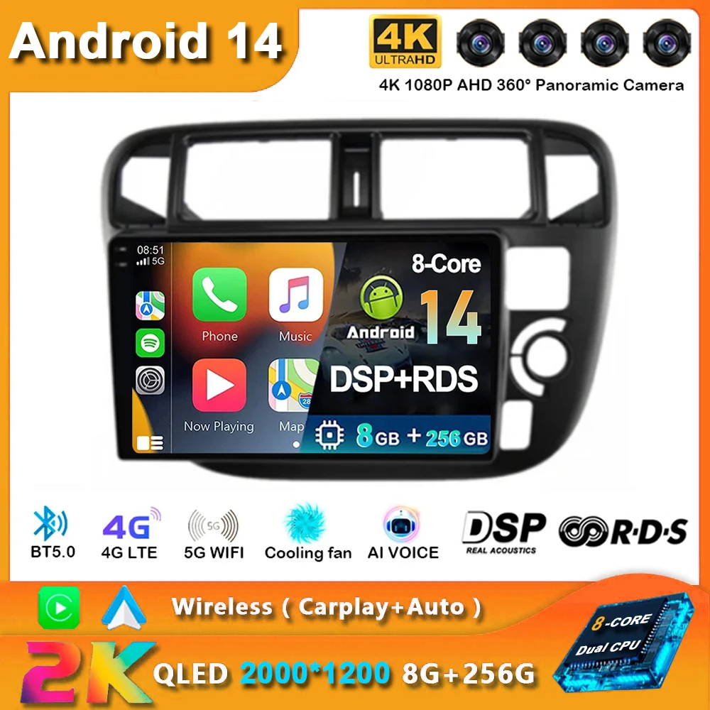 

Car Raido Android 14 For Honda Civic EK3 EK4 EK9 1995-1999 Navigation Multimedia Video Player Auto Carplay Autoradio Audio QLED