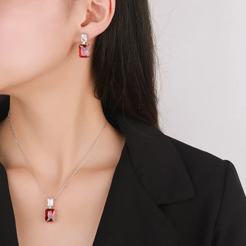 JitDoo Classic 10*14 Red Corundum Pendant Necklace and Earrings Set for Women Luxury High Jewelry Party Exquisite Gift Wholesale