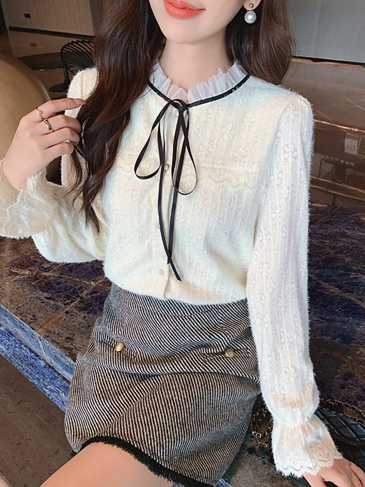 

Ladies Fce Lined Lace Blouse Inner Wear irt Spring Autumn Winter Faionable Top Ladylike Commute Sle Long Sve