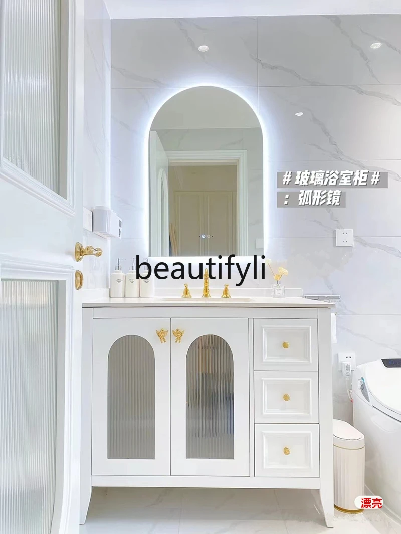 

American light luxury bathroom cabinet combination rock slab solid wood bathroom washbasin toilet washbasin cabinet