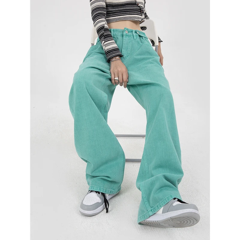 Green Womens Jeans High Waist Vintage Straight Baggy Denim Pants Streetwear American Style Fashion Casual Wide Leg Denim Trouser