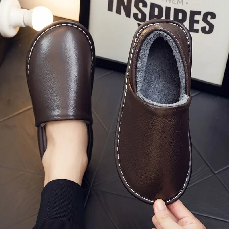 

Brand Leather Slipper Men Slip On Winter Loafers Shoes Big Size 46 47 48 Males Fur Mules Flat Heel Womens Home Fluffy Slippers