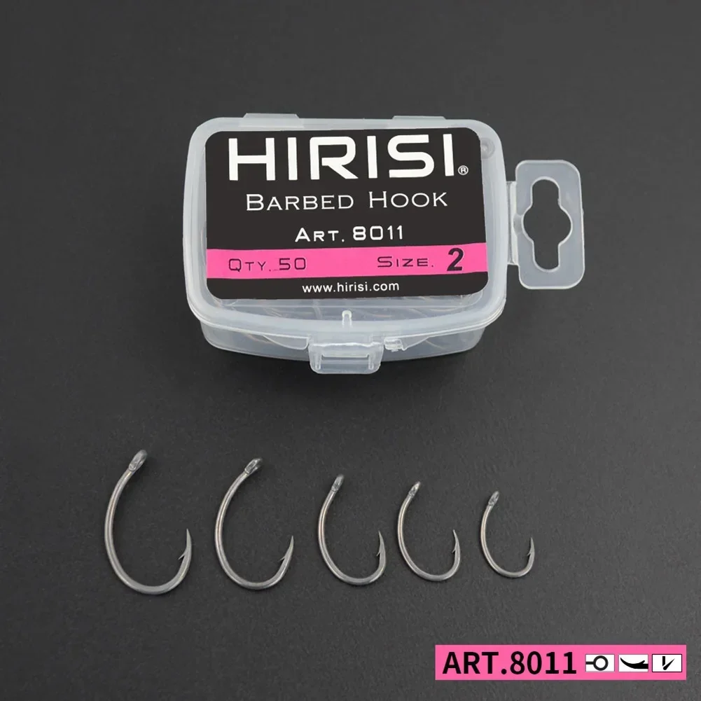 HIRISI 50PCS Fishing Barbed Hook Curve Shank Professional Series Carp Hooks Hair Rigs Portable Tackle Tools High Quality Part