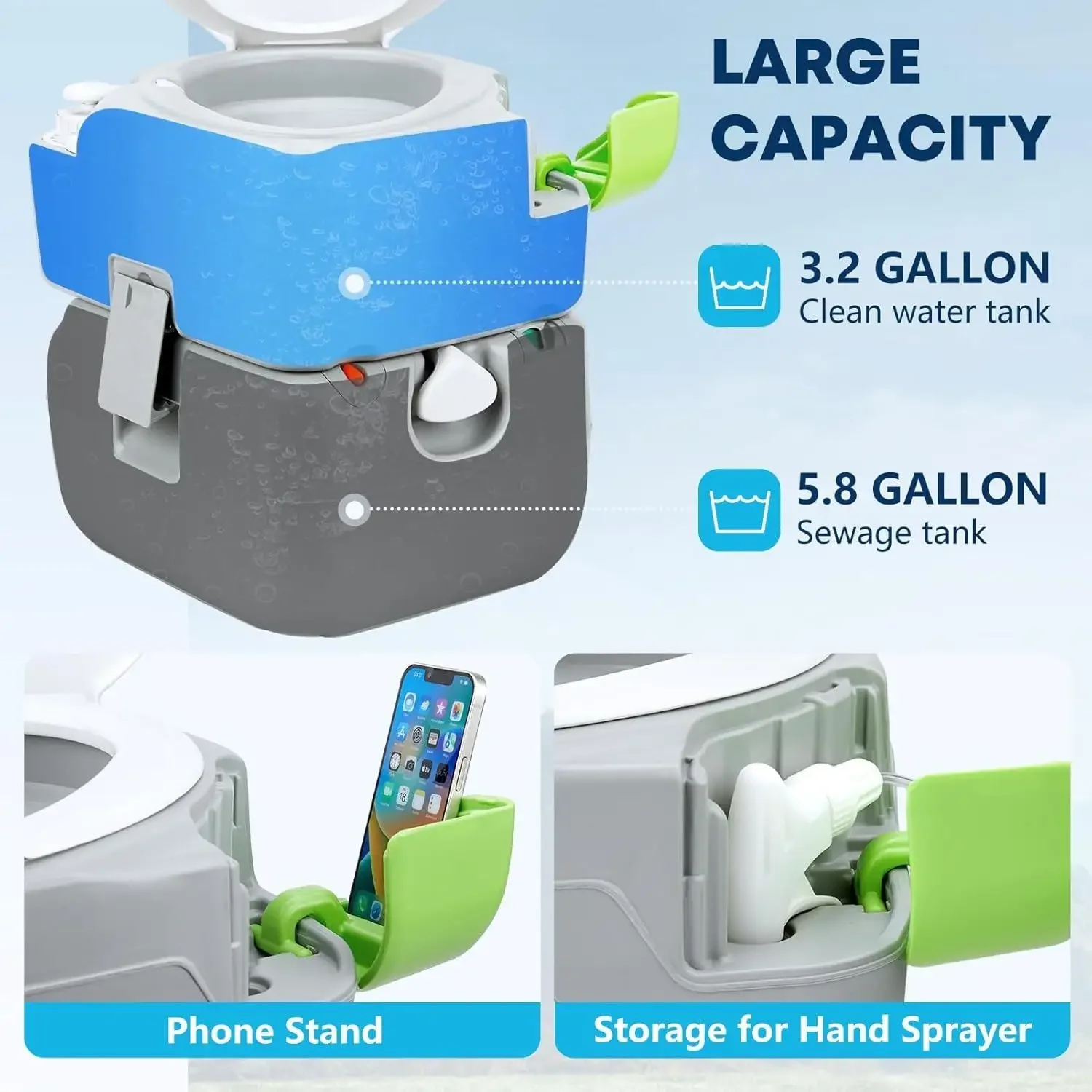 W_5.8 Gal Camping Toilet: Portable Toilet for Adults with Diagonal Elongated Bowl Seat, Large Waste Tank,