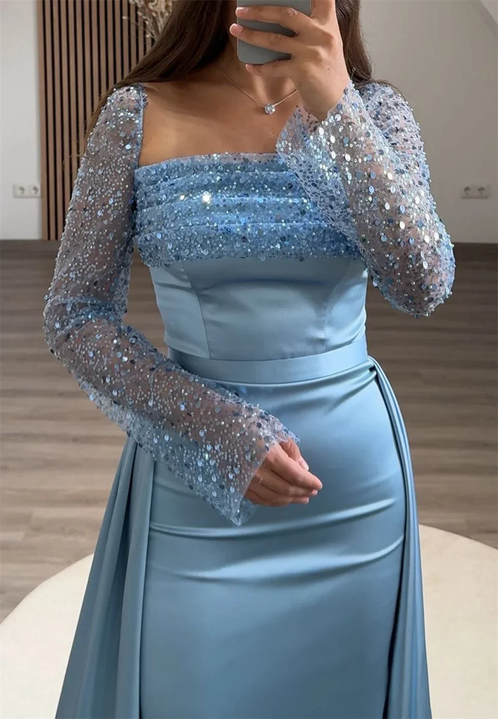 ที่กําหนดเอง Mermaid สแควร์ลูกปัดชุดราตรีอย่างเป็นทางการซาตินแขนยาว vestidos de noiva ที่ถอดออกได้รถไฟพรหม Gowns