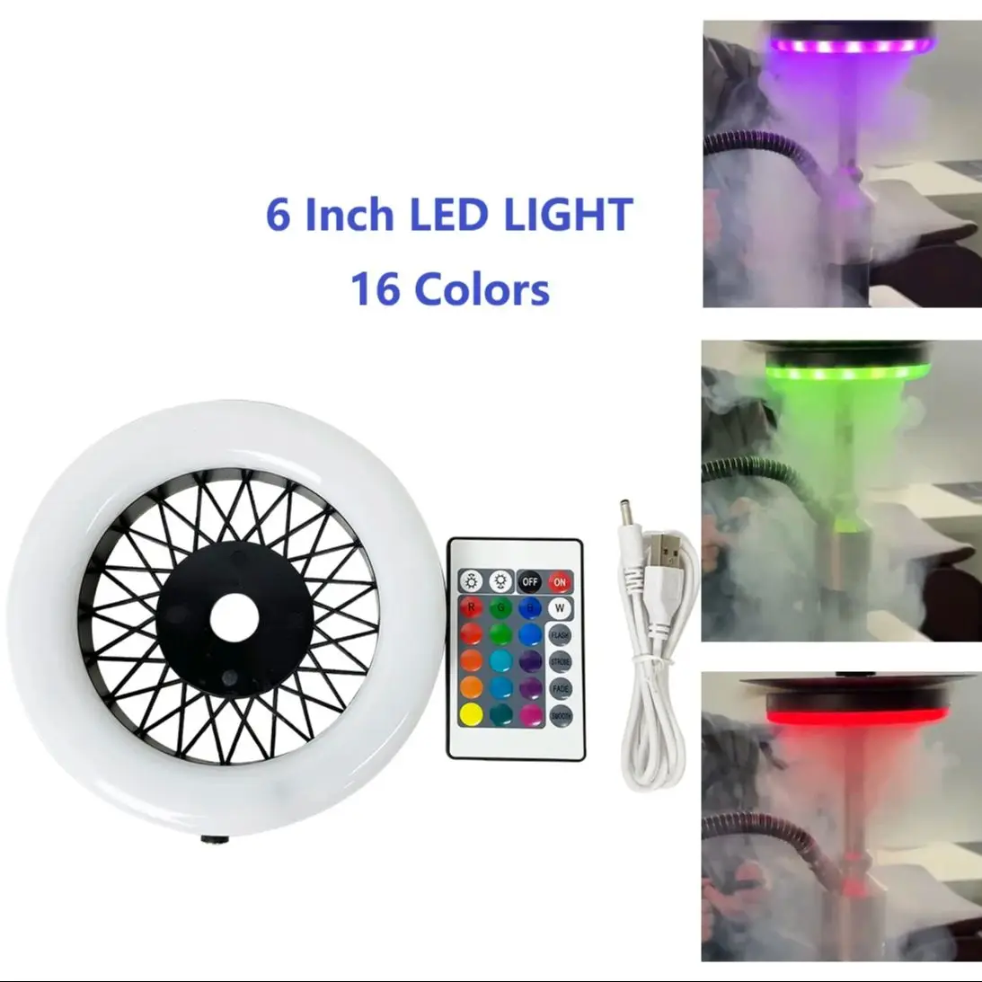 

USB Rechargable Remotr Control Fashion Colorful Light Hookah 6 Inch LED Ring Lamp For Narguile Shisha Smoking Accessories