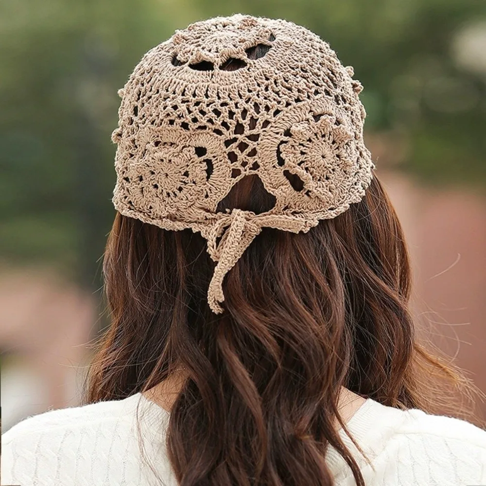 Fashion Adjustable Crochet Baseball Cap Polyester Floral Lace Sun Hat Openwork Lightweight Mesh Peaked Cap Outdoor
