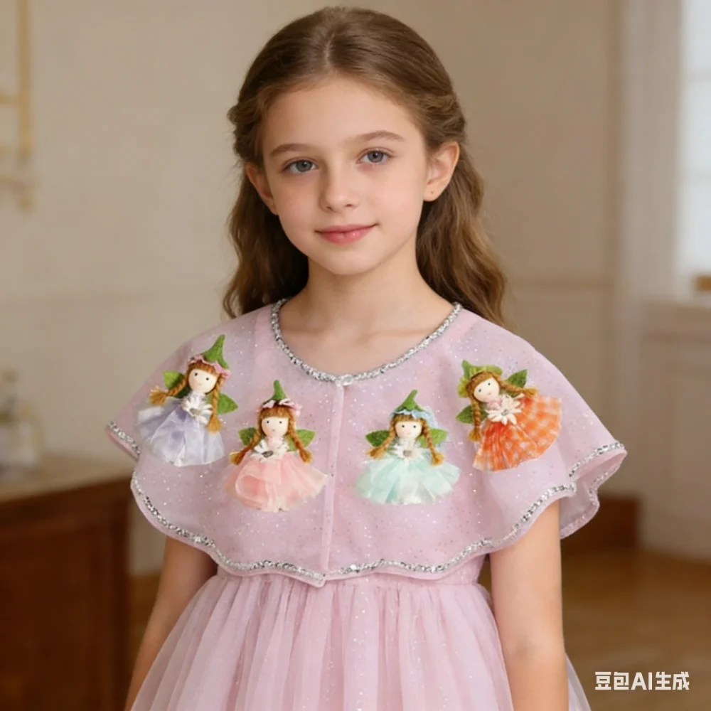 Dress Handmade 3D Flower Birthday Kids' Dresses and Suits Pink Princess Dresses Formal Party Kids Clothing Slip Dress Shawl Set