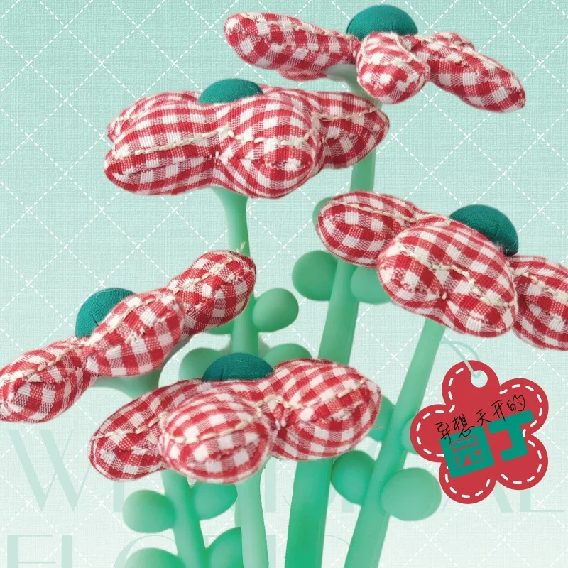 10PCS Red Plaid Fabric Flower Pen Retro Plaid Filled Small Flower Styling Pen Girl Heart Cute Desktop Ornament Neutral Pen