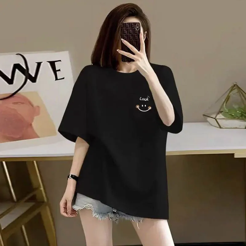 Summer New Elegant Smiling Face T-shirt Women Clothing O-neck Short Sleeve Fashion Harajuku Kawaii T-shirt Women's Y2K Clothing