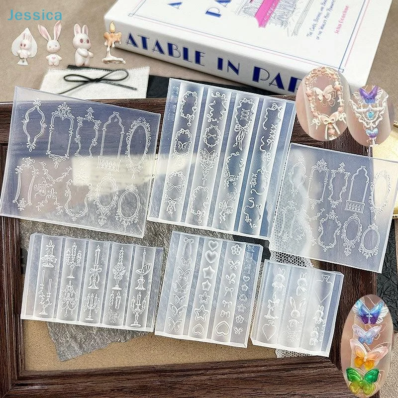 ♥ Molde de silicona 3D para uñas, plantilla de manicura transparente con diseño de hoja de rosa y concha de medusa marina con lazo