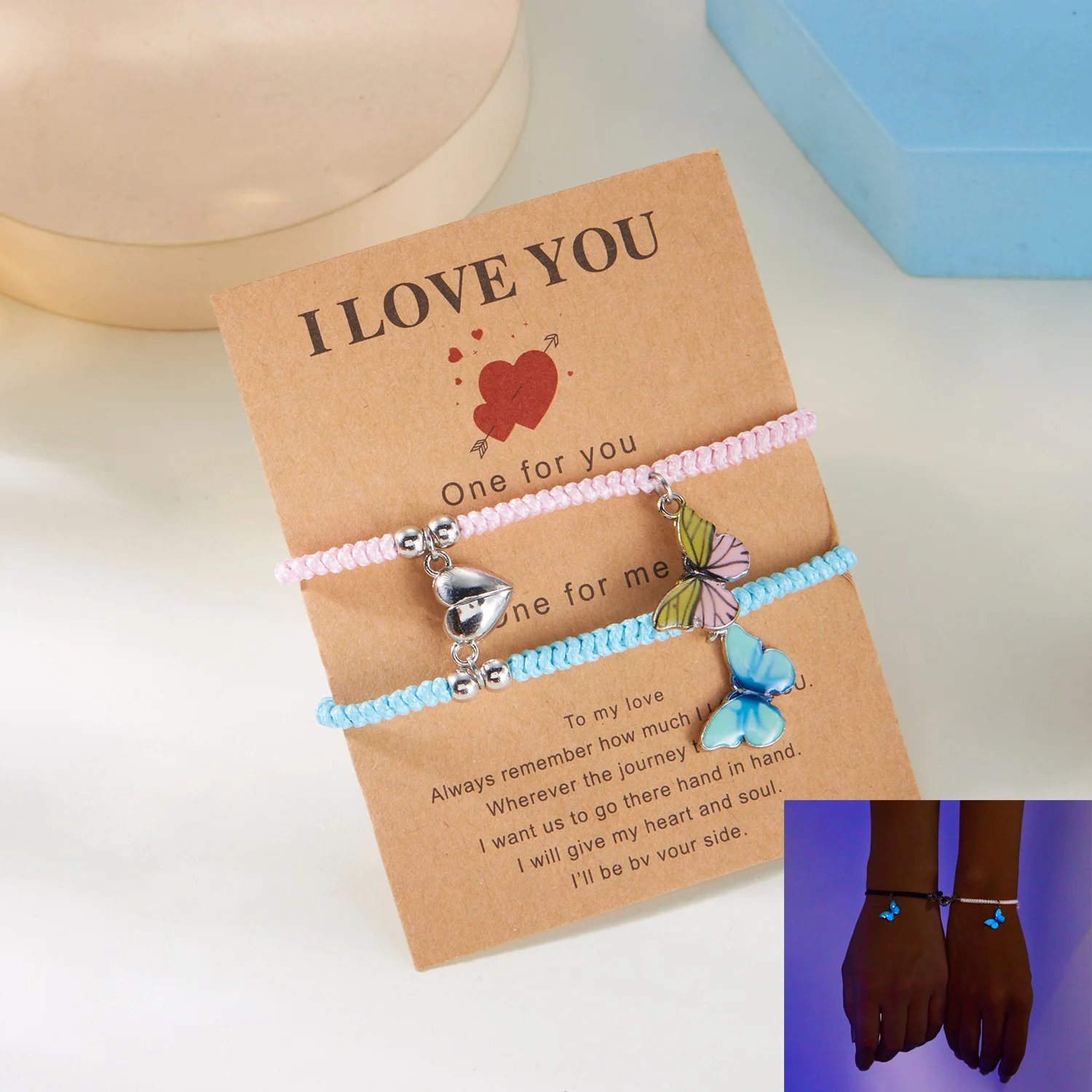 2 Teile/satz Schmetterling Paare Anhänger Leuchtendes Armband für Frauen Männer Minimalistisches Seil Geflecht Armband Freundschaft Schmuck Geschenke – Detail 12