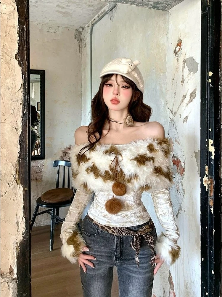 

Vintage Harajuku Y2k Fur Collar Patchwork T-shirt Women Aesthetic Tops Off-shoulder Slim Tees Long Sleeve Autumn Winter Tops New