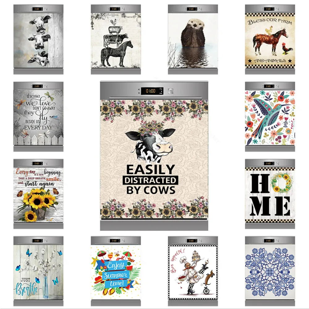 Funny Animal Cow Adhesive Dishwasher Stickers Decorative Letters Wall Sticker Cover Kitchen Decor Accessories Gift Full Piece
