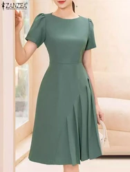 ZANZEA 2024 Fashion Pleated Dress Women Summer Short Sleeve O Neck Cinched Waist Knee-length Vestidos Elegant Party Robes