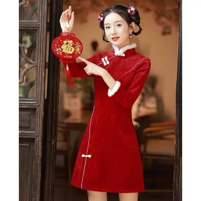 

2024 New Red Cheongsam Women's Winter Thickened Celebration Retro Oriental Style Dresses Dress New Year Celebration Women's Wear