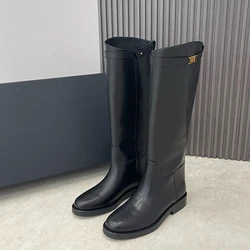 Maxdutti-Botas minimalistas de couro feminino, botas altas macias, couro de vaca elegante, inverno