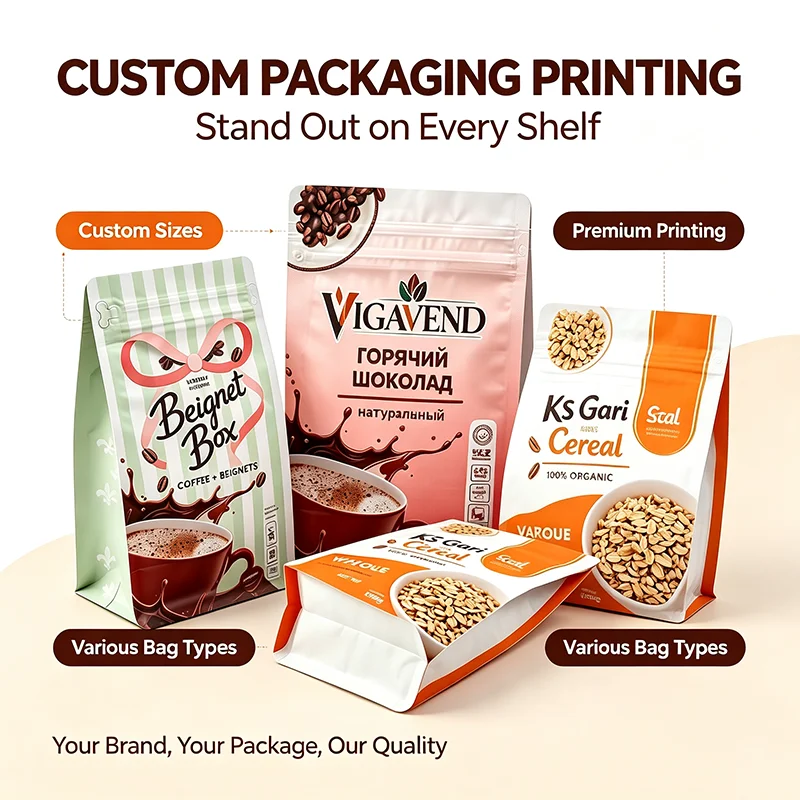 500PCS High Quality Custom Eight-Side Seal Stand-Up Pouches, Food Packaging Bags, Aluminum Foil Bags, for Coffee ,Nuts,Snack