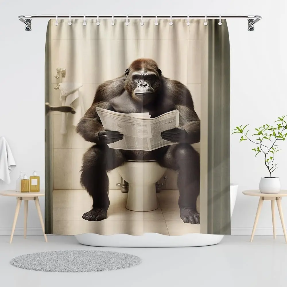 Gorilla Toilet Newspaper Shower Curtain Funny Animal Print for Bathroom Decor