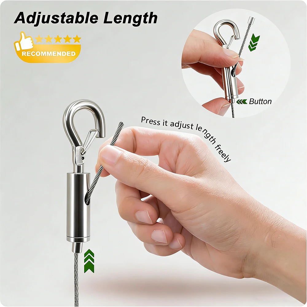 304 Stainless Steel Wire Rope Sling Kit Adjustable Lock Hook 1.5-4mm Cable for Lifting Picture Frame Billboard & Light Hanging