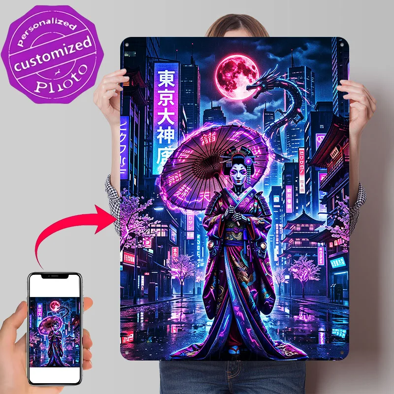 Cyberpunk Geisha Under Neon Moon Metal Poster Perfect Gift for Fans Lovers Customized Wall Art Metal Sign for Wand Deko Decor