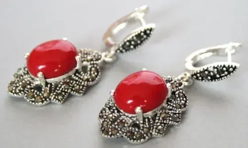 Vintage 925 Sterling Silver Red coral Marcasite Dangle Hook Earrings