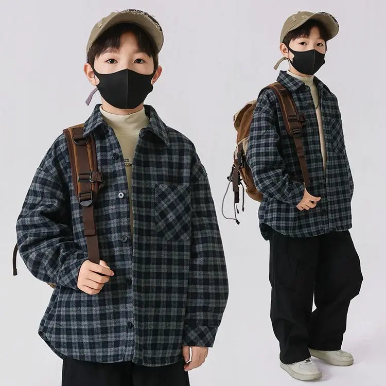 

Boys Winter Padded Coat 2024 New Thickened Tweed Lapel Plaid Coat Simple Casual Fashion Clothes Korean Simple Style Coat