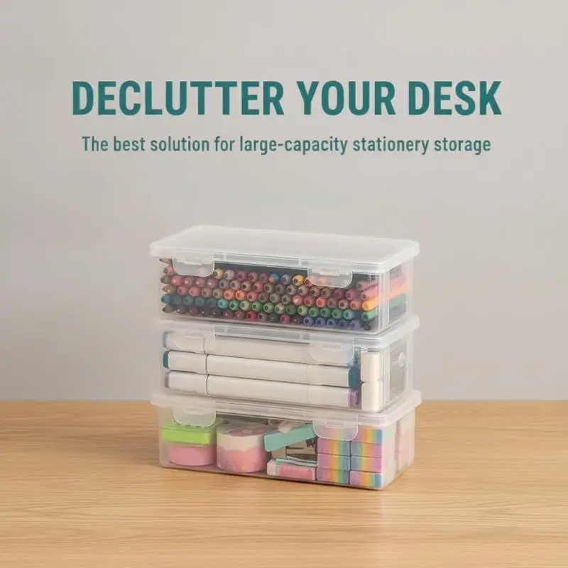 Clear Pencil Marker Organizer 4Pcs Plastic Storage Box with Lid Stackable for Kids School Office Desktop Stationery Storage