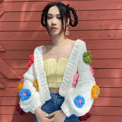 Womens Knit Cardigan Colorful Big Flower Sweater Short Coat Autumn Winter
