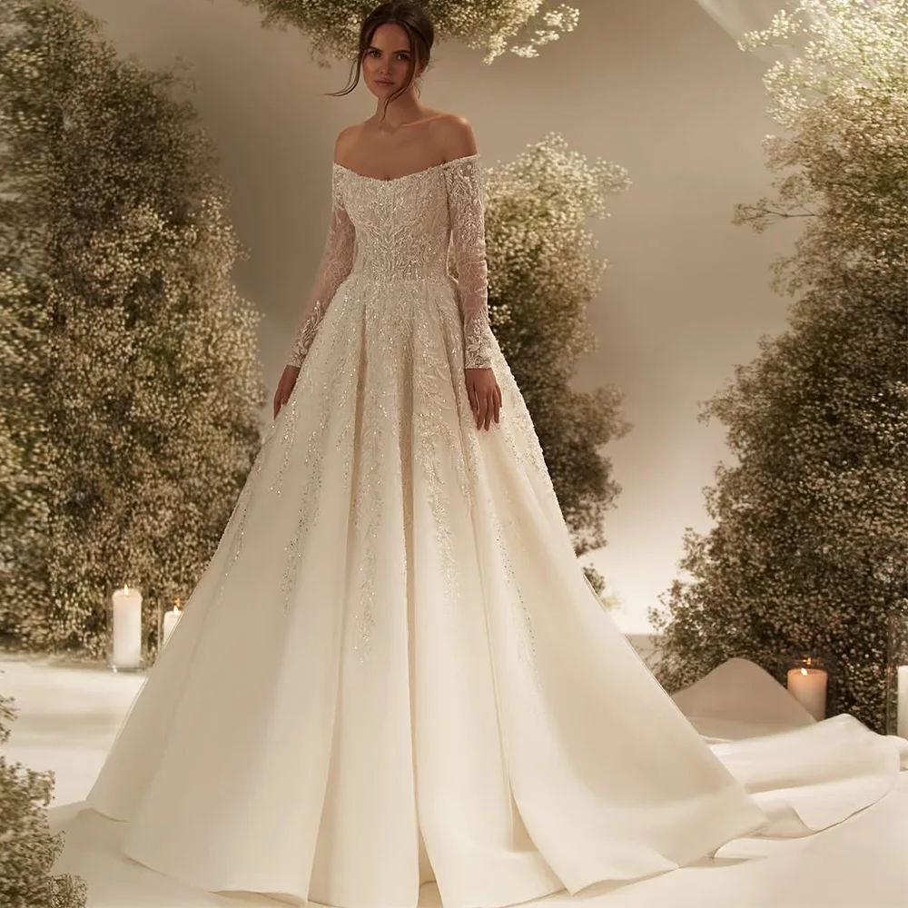 Customized Gorgeous Light V-long Sleeved Lace Wedding Dresses Hard Gauze Decal Shoulder Style A-line Bridal Gown Zipper Back