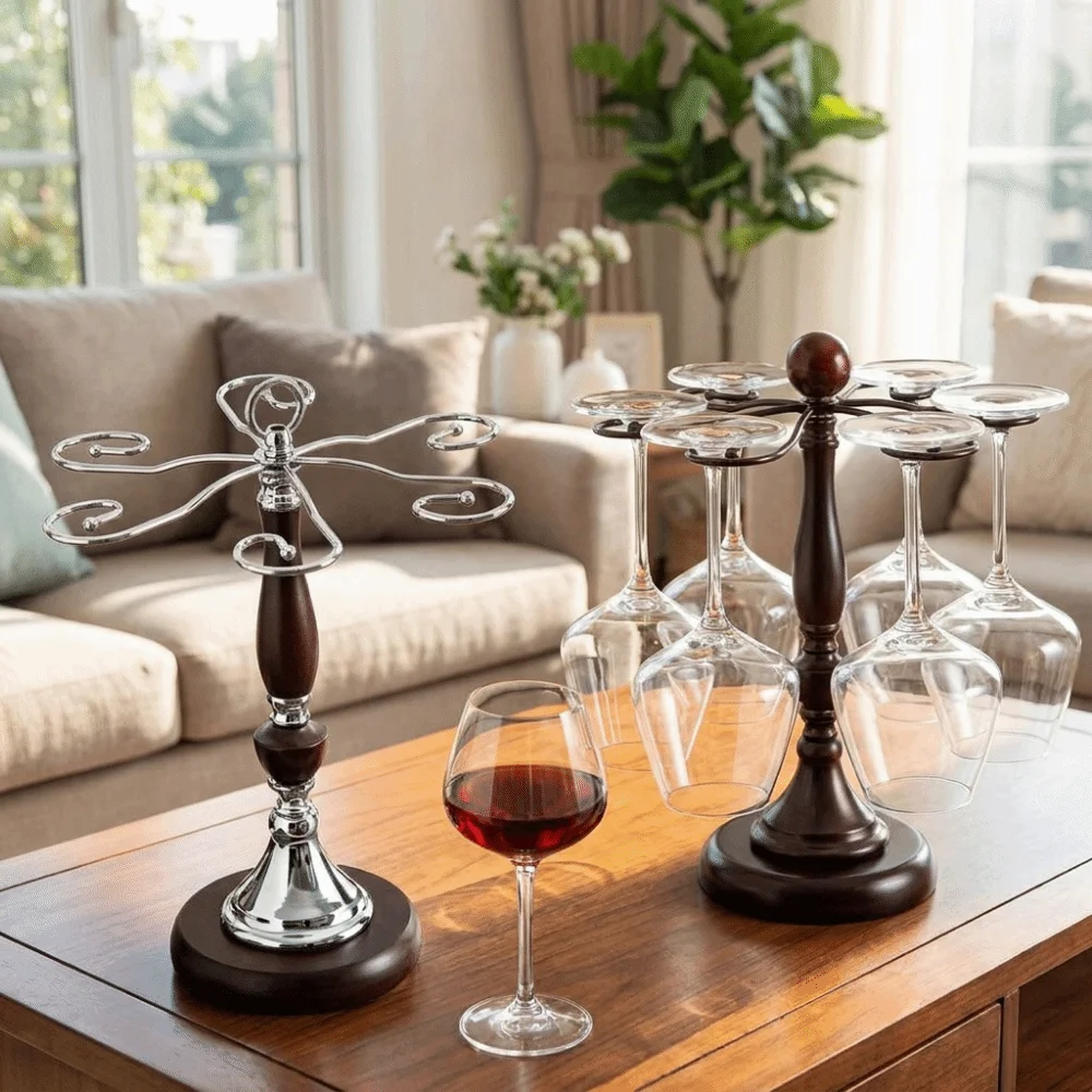 

Wooden 6 Bottles Wine Glass Rack Freestanding Space Saving Glasses Wine Racks Large Capacity Inverted Goblets Rack Kitchen