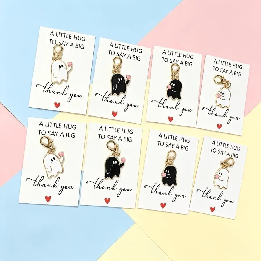1/5/10/20/50/100pcs units/8 sets of cute heart- and ghost-shaped enamel charms, thank-you gift sets with greeting cards, small 