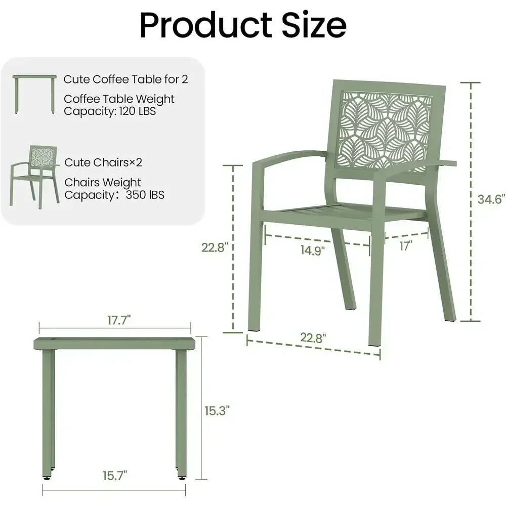 3-Piece Outdoor Bistro Set with Stackable Chairs and Table in Sage Green