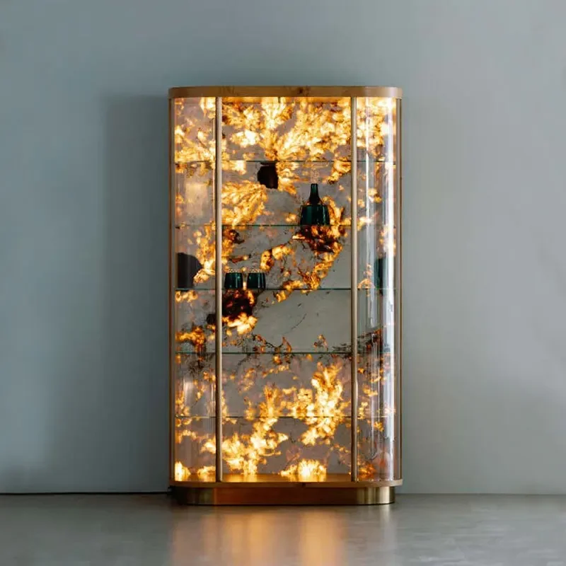 Arc glass wine cabinet villa high-end wall-mounted display cabinet luminous backplate living room storage luxury stone