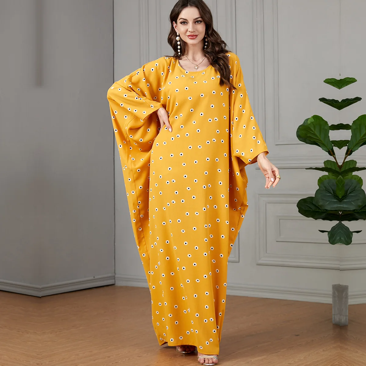 

Ramadan Abaya For Women Dubai Arabic Yellow Printed Bat Sleeves Casual Home Women's Super Loose Mushim Dress Women Clothing