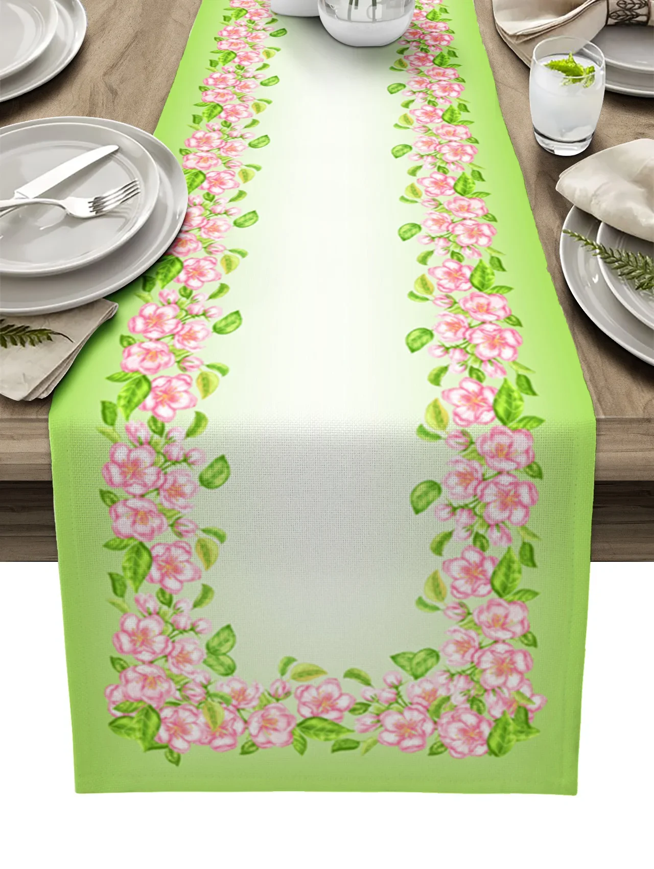 Gradient Green Cherry Blossom Linen Table Runners Kitchen Table Decoration Dining Table Runner Wedding Party Supplies