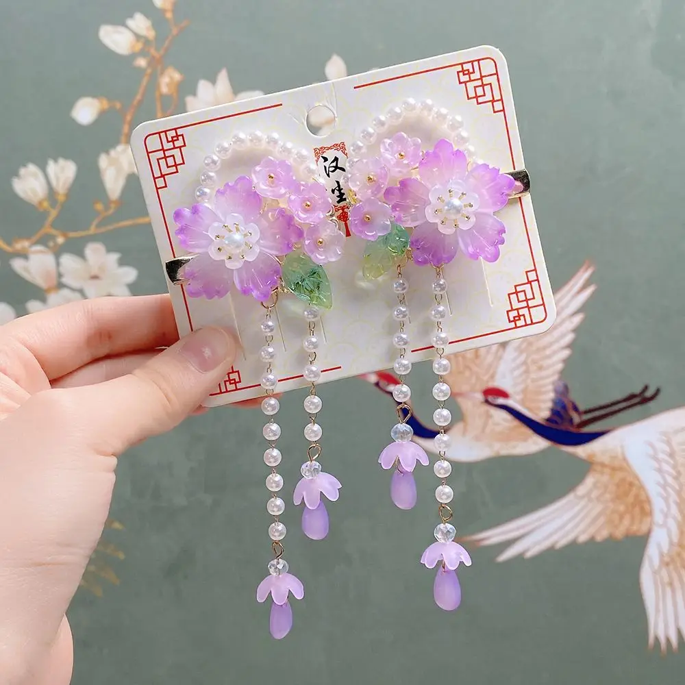 Grampo de cabelo cocar feminino estilo chinês hanfu meninas clipe lateral pérola barrette acessórios para o cabelo flor hairpin