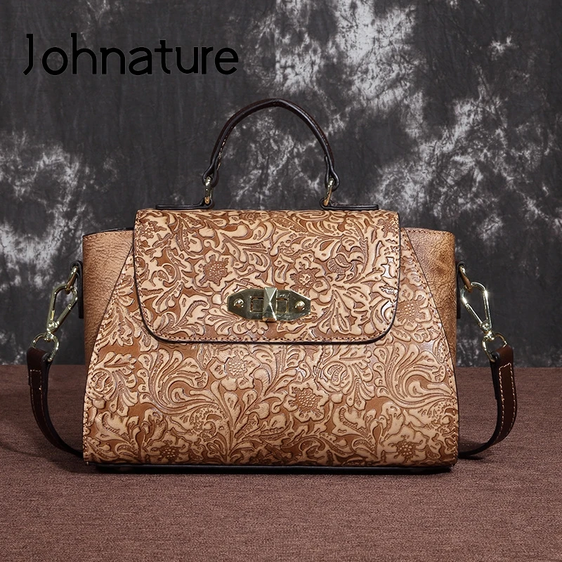 

Johnature Genuine Leather Retro Women Bag Versatile Handbag 2024 New First Layer Cowhide Handmade Embossed Shoulder Bags