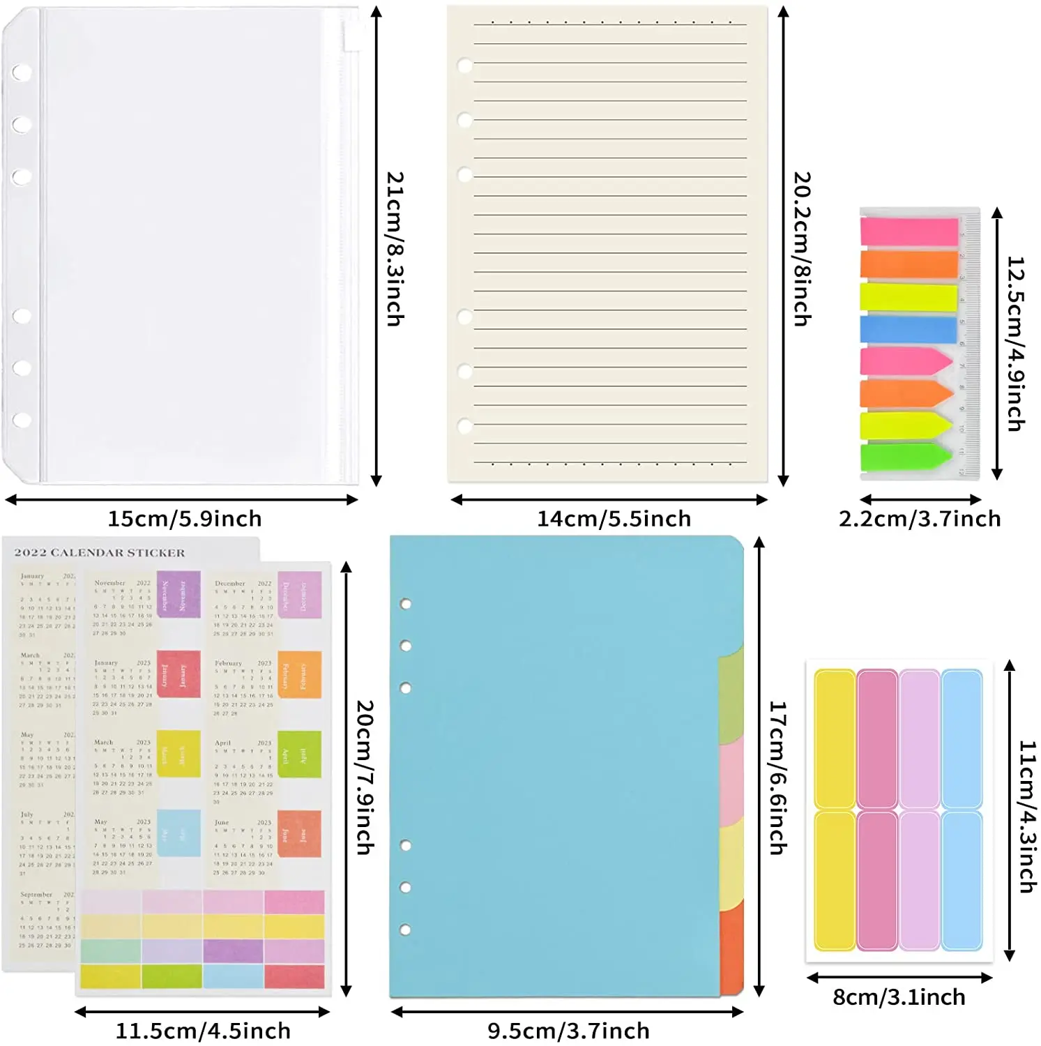A5 Binder Planner Notebook-5 File Divider,45 Sheets  Loose Leaf Paper,160 Neon Page Marker, 2 Calendar Stickers, Binder Pocket