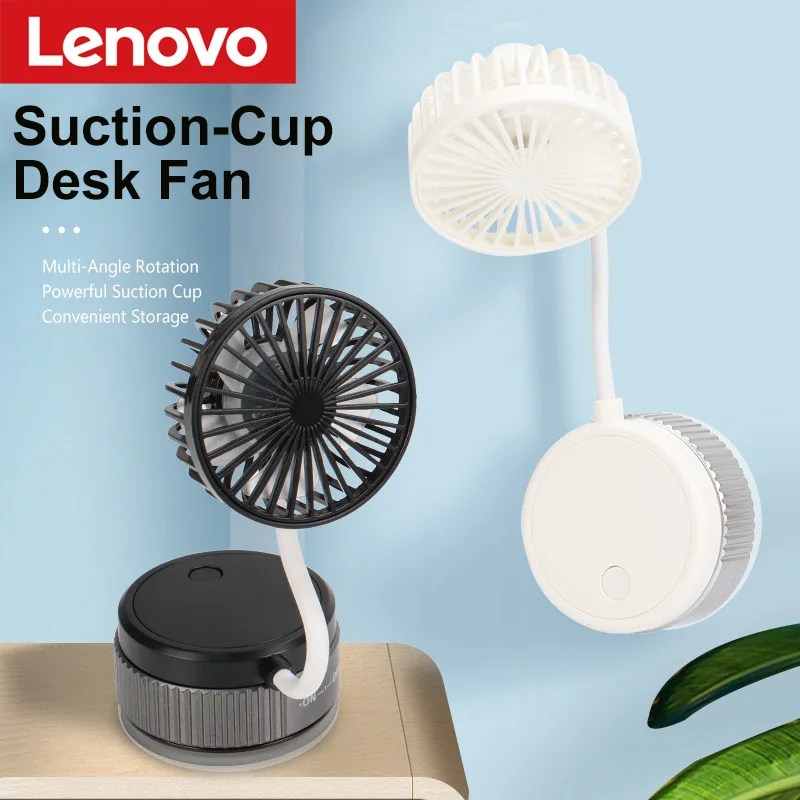 Lenovo Portable Suction Cup Fan USB Rechargeable 3-Speed Quiet Fan Foldable Multi-Angle Air Circulator for Car Desk Bedroom