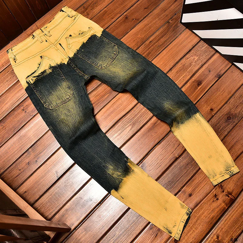 Washed Worn Jeans Men's Personalized Design Ripped Elastic Straight Slim-Fit Trendy Retro Yellow Mud-Color Trousers