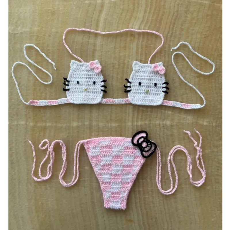 Lady\'s Cute Crochet Bikini Set 2 Pieces Bathing Suit Sexy Micro Bikinis 2024 Ties Swimsuit Thongs Swimwear Womens Swimming Suit