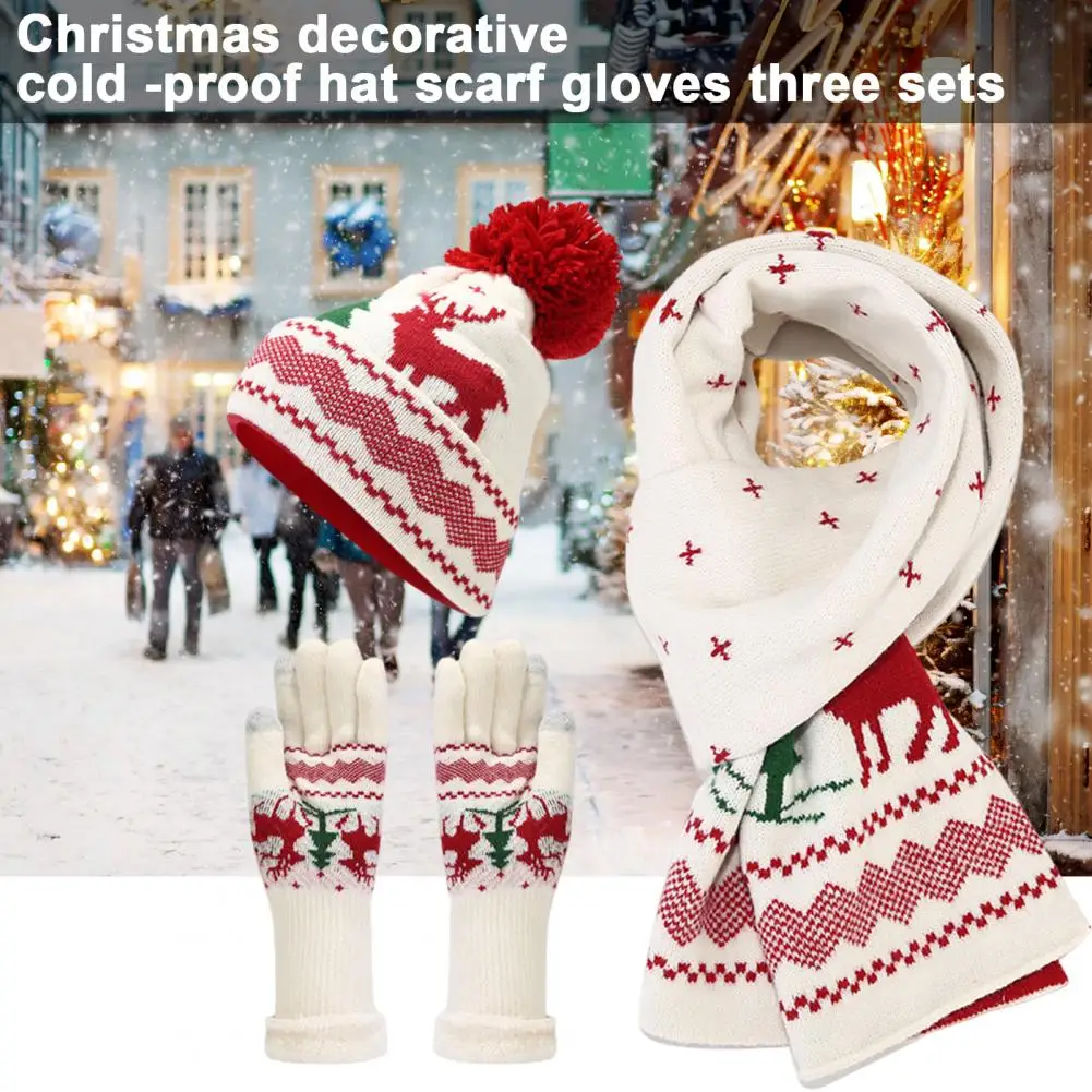 Cozy Knit Hat Scarf Gloves Christmas Elk Tree Pattern Beanie Scarf Gloves Set Warm Fleece Winter Outdoor Cycling Accessories