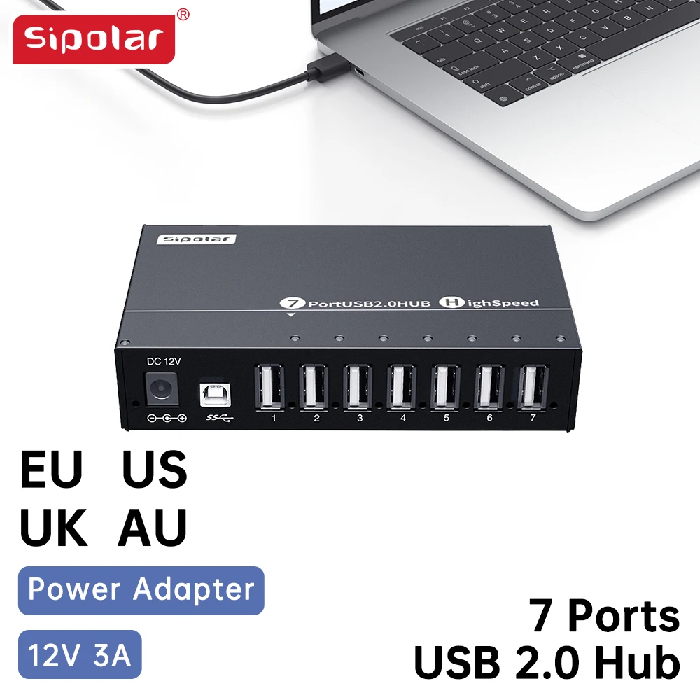 Sipolar A-172 New USB 2.0 HUB design With 36W 12V3A Power Adapter Aluminum 7 Port USB charger port hub Black